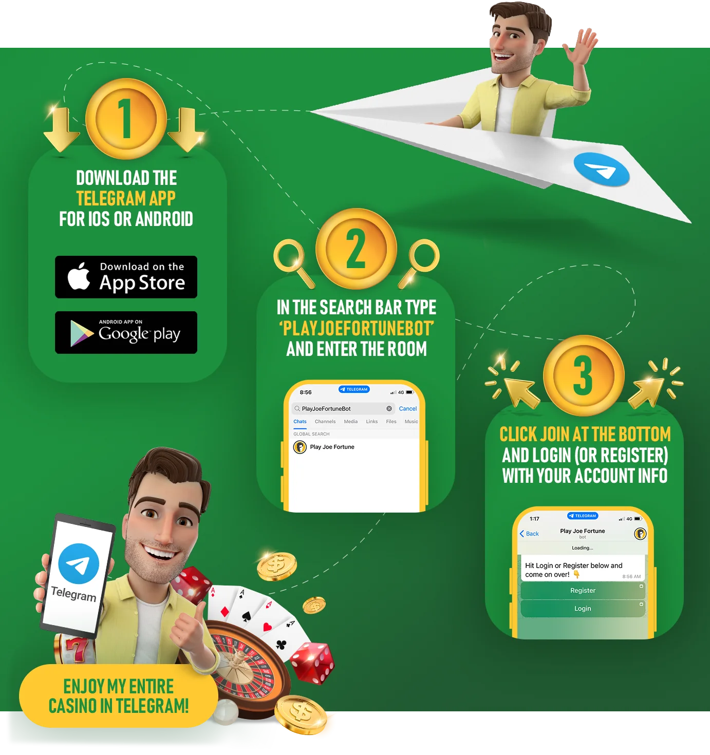 Set up Joe Fortune Telegram Casino in 3 easy steps