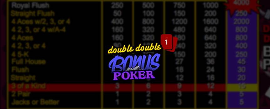 Double Double Bonus Poker is a game of draw poker. The player receives five cards from the dealer; the player then chooses which of the cards to keep or “hold”. Then discards the remaining cards for new ones by pressing deal. The final hand is determined a winning hand if the player has a pair of Jacks or better.